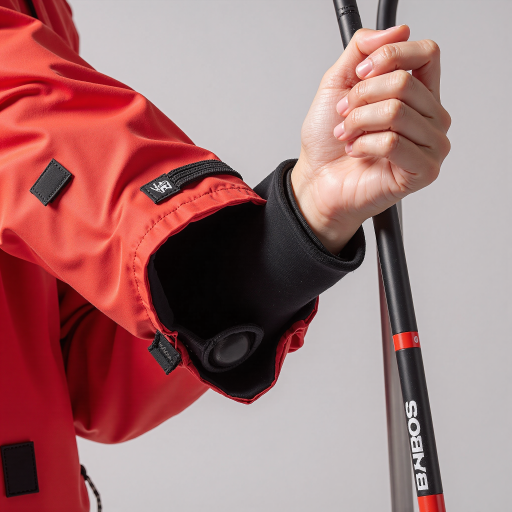 女教练,二十五岁左右,年轻活力,穿着鲜艳滑雪服,手持滑雪杖,背景为雪山